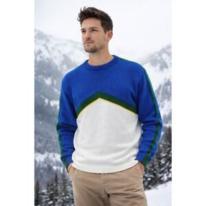 Vintage Ski Sweater Colorblock Knit Blue Green Alpine Retro Mens Large‎ 80s 90s
